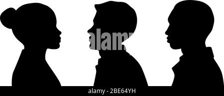 Head silhouettes of young woman and two men, profile view. Black and white customizable vector file. Stock Vector