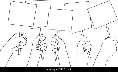 Set hands holding blank placard. Copy space for text. Poster empty, protest announcement board. Outline vector illustration Stock Vector