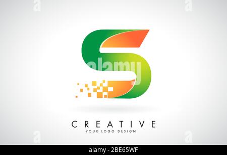 Letter S Logo Design in Bright Colors with Shattered Small blocks on white background.  Vector Illustration Design. Pixel art of the S letter logo. Stock Vector