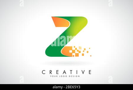 Letter Z Logo Design in Bright Colors with Shattered Small blocks on white background.  Vector Illustration Design. Pixel art of the Z letter logo. Stock Vector
