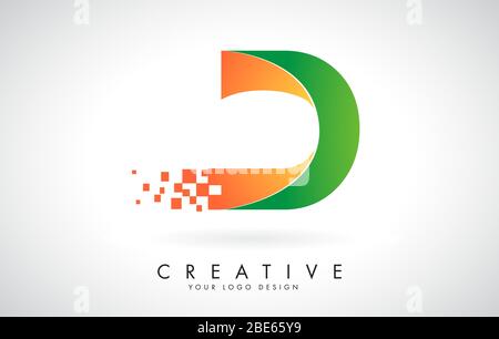 Letter D Logo Design in Bright Colors with Shattered Small blocks on white background.  Vector Illustration Design. Pixel art of the D letter logo. Stock Vector