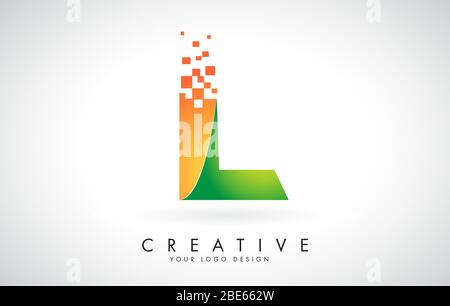 Letter L Logo Design in Bright Colors with Shattered Small blocks on white background.  Vector Illustration Design. Pixel art of the L letter logo. Stock Vector