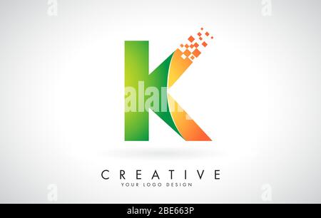 Letter K Logo Design in Bright Colors with Shattered Small blocks on white background.  Vector Illustration Design. Pixel art of the K letter logo. Stock Vector