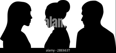 Head silhouettes of two women and man, profile view. Black and white customizable vector file. Stock Vector