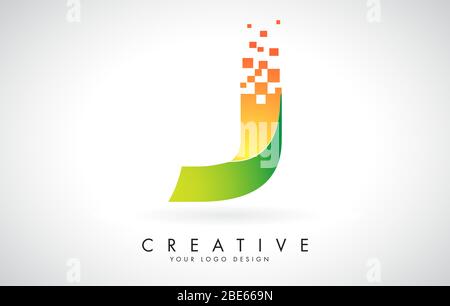 Letter J Logo Design in Bright Colors with Shattered Small blocks on white background.  Vector Illustration Design. Pixel art of the J letter logo. Stock Vector