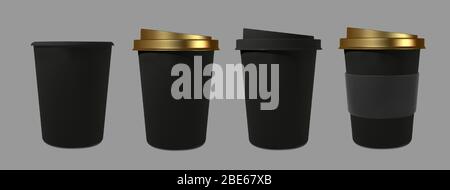 Set black paper realistic coffee and tea cup. Mockup isometric coffee mugs. Disposable glass for drinks. Template for products, web banners and Stock Vector