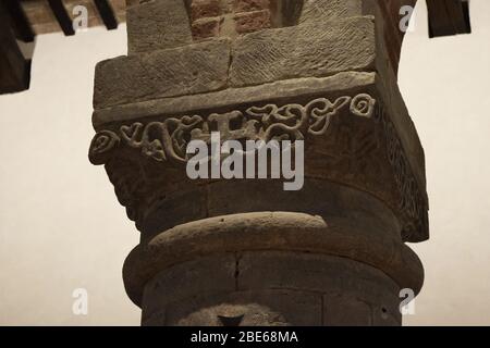 Pieve (rural parish Church) of San Donato in Polenta. Bertinoro, Italy. Basilica Interior. Capital detail. Stock Photo