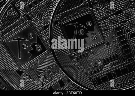 Bitcoin halving. Cryptocurrency on silver background. Macro photo Stock Photo