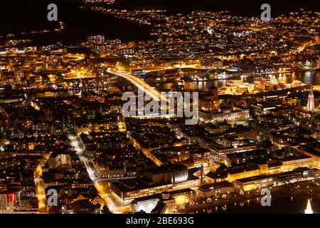 Norway, Scandinavia, dark night sky aerial view on city, Bergen city in the evening as seen from Mt Floyen, long exposure photography Stock Photo