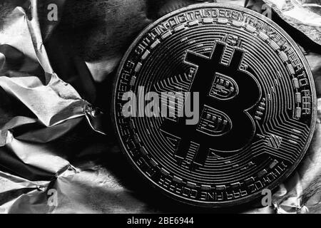 Bitcoin halving. Cryptocurrency on silver background. Macro photo Stock Photo