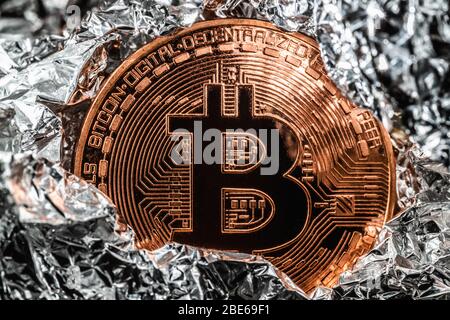 Bitcoin halving. Cryptocurrency on silver background. Macro photo Stock Photo