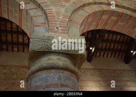 Pieve (rural parish Church) of San Donato in Polenta. Bertinoro, Italy. Basilica Interior. Capital detail. Stock Photo