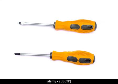 Black and orange screwdriver isolated on white background. Screw screwdriver for repairing and tightening screws Stock Photo