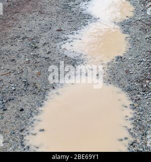 Mud clouded puddles of water on country track. For pothole dips, water puddle, bumpy surface, uneven surface, poor state, murky water, muddy the water Stock Photo