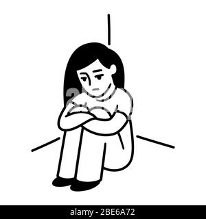 Teenage girl sitting in corner hugging knees. Depression, sadness and loneliness. Black and white simple cartoon drawing. Mental health vector clip ar Stock Vector