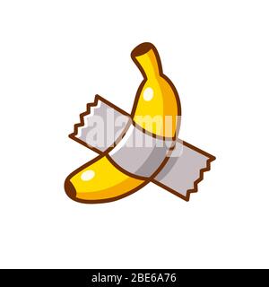 Banana taped to wall with duckt tape. Modern art installation. Vector clip art illustration, cartoon drawing. Stock Vector