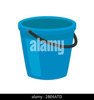 Blue plastic bucket with a black handle. Isolated white background. A bucketful for washing food, water and drink. Household chores pail. Stock Vector