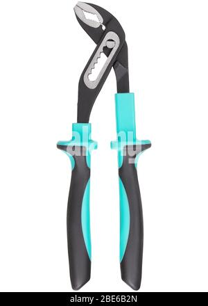 Water pump pliers with blue rubber handles isolated on white background. Adjustable Pincers Stock Photo