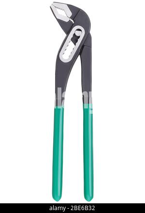 Water pump pliers with green handles isolated on white background. Adjustable Pincers Stock Photo