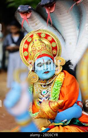 dancers of kathakali dancer,theyyam,thira,folk dancers,celebration,kerala festival,indian festival dancers,dance form india, Stock Photo