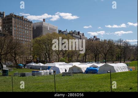 New York, NY, USA. April 11, 2020. Field hospital in the East Meadow of Central Park outside of Mt Sinai hosptial. The 14-tent hospital, built by evan Stock Photo