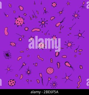 Microcosm, a lot of bacteria and viruses and other microorganisms. cartoon style bright background. Stock Vector