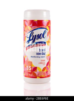 Morgantown, WV - 12 April 2020: Canister of mango and hibiscus Lysol disinfecting wipes on white background Stock Photo