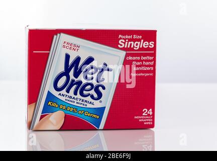 Morgantown, WV - 12 April 2020: Box of Wet Ones antibacterial or disinfecting wipes on white background Stock Photo