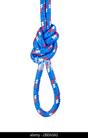 A double rope figure eight knot, also called a Flemish Bend, is commonly used in mountain climbing because it is strong, secure and easy to visually i Stock Photo