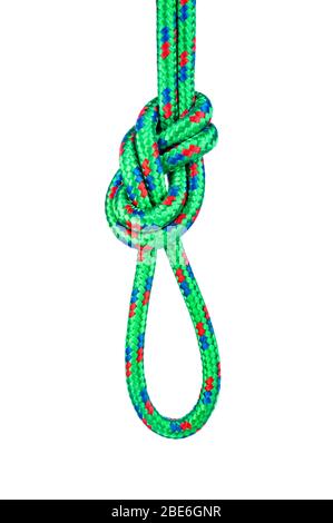 A double rope figure eight knot, also called a Flemish Bend, is commonly used in mountain climbing because it is strong, secure and easy to inspect Stock Photo