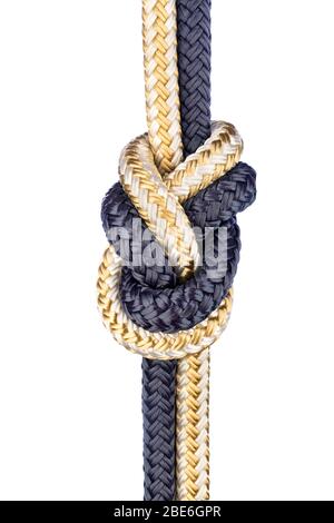 A double rope figure eight knot, also called a Flemish Bend, is commonly used in mountain climbing because it is strong, secure and easy to inspect Stock Photo