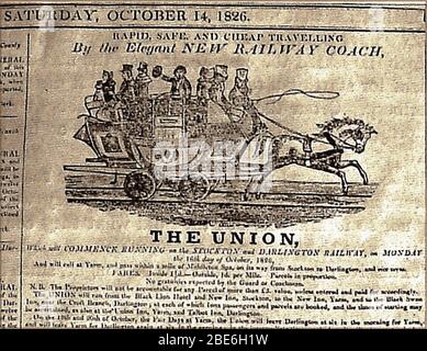 An old newspaper notice from  October 1826 announcing the commencement of the Union Horse-Drawn service on the Stockton to Darlington railway. Advertised as rapid,cheap and safe. A number of towns, inns and hotels are mentioned in the advertisement. Stock Photo