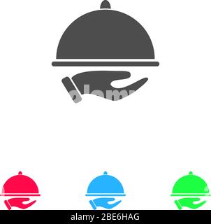Restaurant cloche in hand the waiter icon flat. Color pictogram on white background. Vector illustration symbol and bonus icons Stock Vector