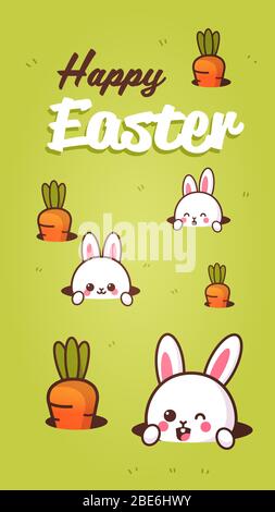 happy easter greeting card with rabbits looking from holes hand written lettering poster or flyer template with cute bunnies and carrot vertical vector illustration Stock Vector