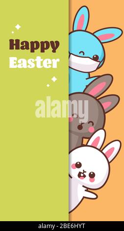 happy easter greeting card with rabbits wearing face mask to prevent coronavirus lettering poster or flyer template with cute bunnies vertical vector illustration Stock Vector