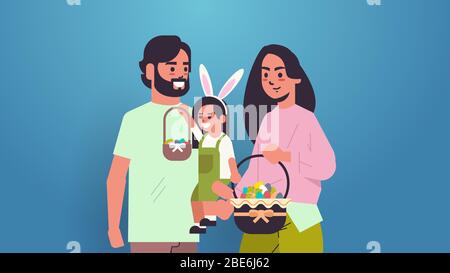 family holding baskets with eggs father mother and daughter celebrating happy easter holiday horizontal portrait vector illustration Stock Vector