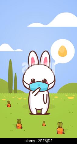 cute rabbit wearing face mask to prevent coronavirus happy easter bunny sticker spring holiday concept landscape background vertical greeting card vector illustration Stock Vector