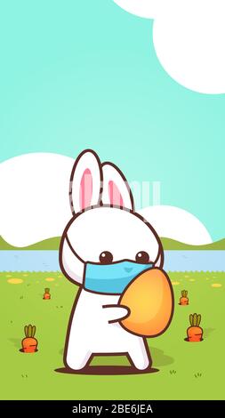 rabbit holding egg wearing face mask to prevent coronavirus happy easter bunny sticker spring holiday concept landscape background vertical greeting card vector illustration Stock Vector