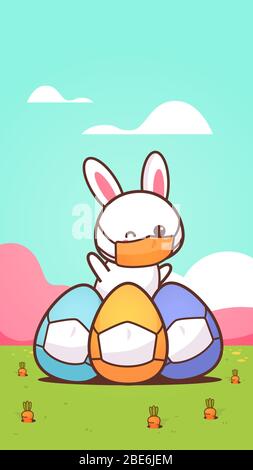 cute rabbit with egg wearing mask to prevent coronavirus happy easter bunny sticker spring holiday concept landscape background vertical greeting card vector illustration Stock Vector