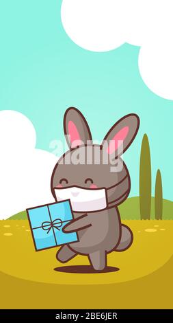 rabbit holding present box wearing face mask to prevent coronavirus happy easter bunny sticker spring holiday concept landscape background vertical greeting card vector illustration Stock Vector