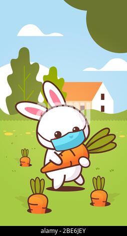 rabbit holding carrot wearing face mask to prevent coronavirus happy easter bunny sticker spring holiday concept landscape background vertical greeting card vector illustration Stock Vector