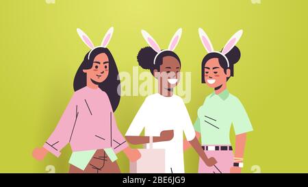 women wearing bunny ears cute mix race girls celebrating happy easter holiday horizontal portrait vector illustration Stock Vector