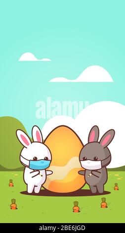 cute rabbits with egg wearing mask to prevent coronavirus happy easter bunnies sticker spring holiday concept landscape background vertical greeting card vector illustration Stock Vector