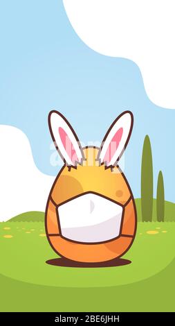 happy easter bunny rabbit ears in egg with mask coronavirus protection concept spring holiday sticker landscape background vertical greeting card vector illustration Stock Vector