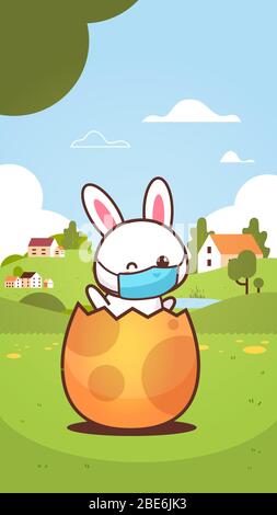 rabbit sitting in egg wearing face mask to prevent coronavirus happy easter bunny sticker spring holiday concept landscape background vertical greeting card vector illustration Stock Vector