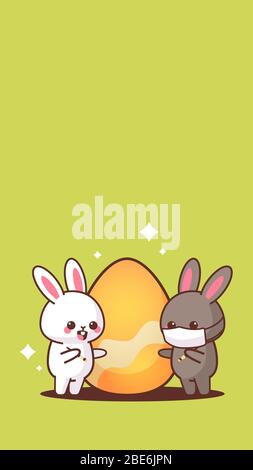 cute rabbits near egg wearing face mask to prevent coronavirus happy easter bunny sticker spring holiday concept vertical greeting card vector illustration Stock Vector