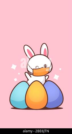 cute rabbit near eggs wearing face mask to prevent coronavirus happy easter bunny sticker spring holiday concept vertical greeting card vector illustration Stock Vector