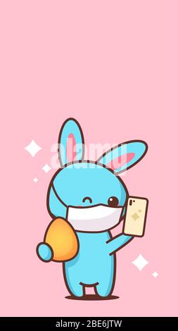 cute rabbit with egg and smartphone wearing face mask to prevent coronavirus happy easter bunny sticker spring holiday concept vertical greeting card vector illustration Stock Vector