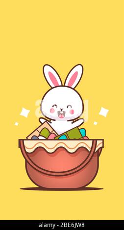 cute rabbit sitting in basket with eggs happy easter bunny sticker spring holiday concept vertical greeting card vector illustration Stock Vector