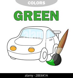 Learn colors - green. Coloring page of cute Car for children. Transportations for preschool kids activity educational worksheet. Vector Stock Vector